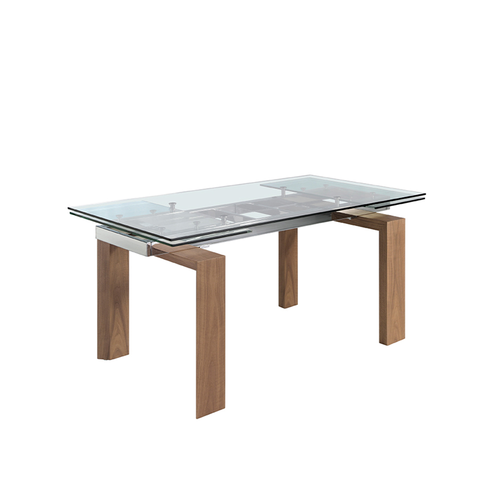 Extendable dining table in tempered glass and Walnut wood