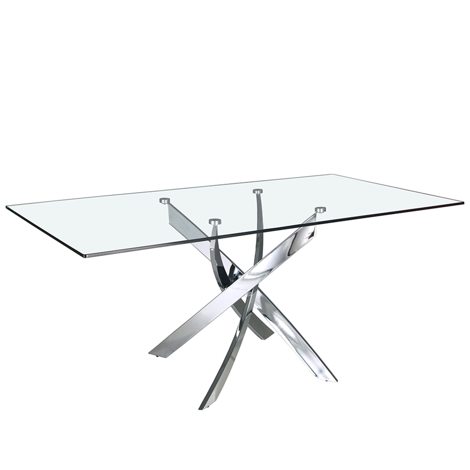 Curved chrome steel and tempered glass dining table