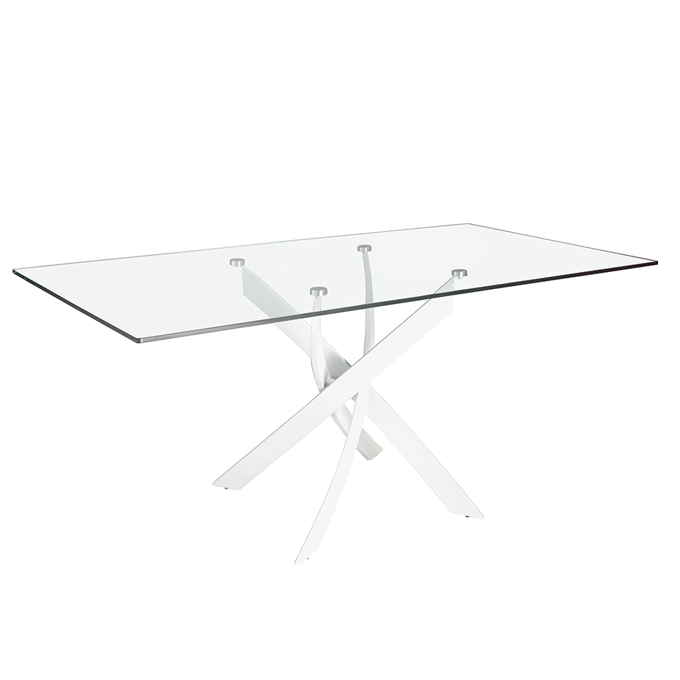 Rectangular dining table in tempered glass and white stainless steel Rectangular dining table in tempered glass and white stainless steel