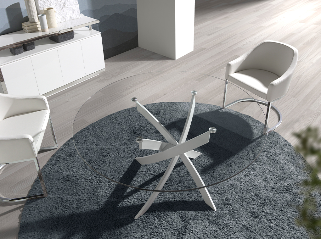 Mesa comedor redonda cristal templado y acero inoxidable blanco Mesa comedor redonda cristal templado y acero inoxidable blanco