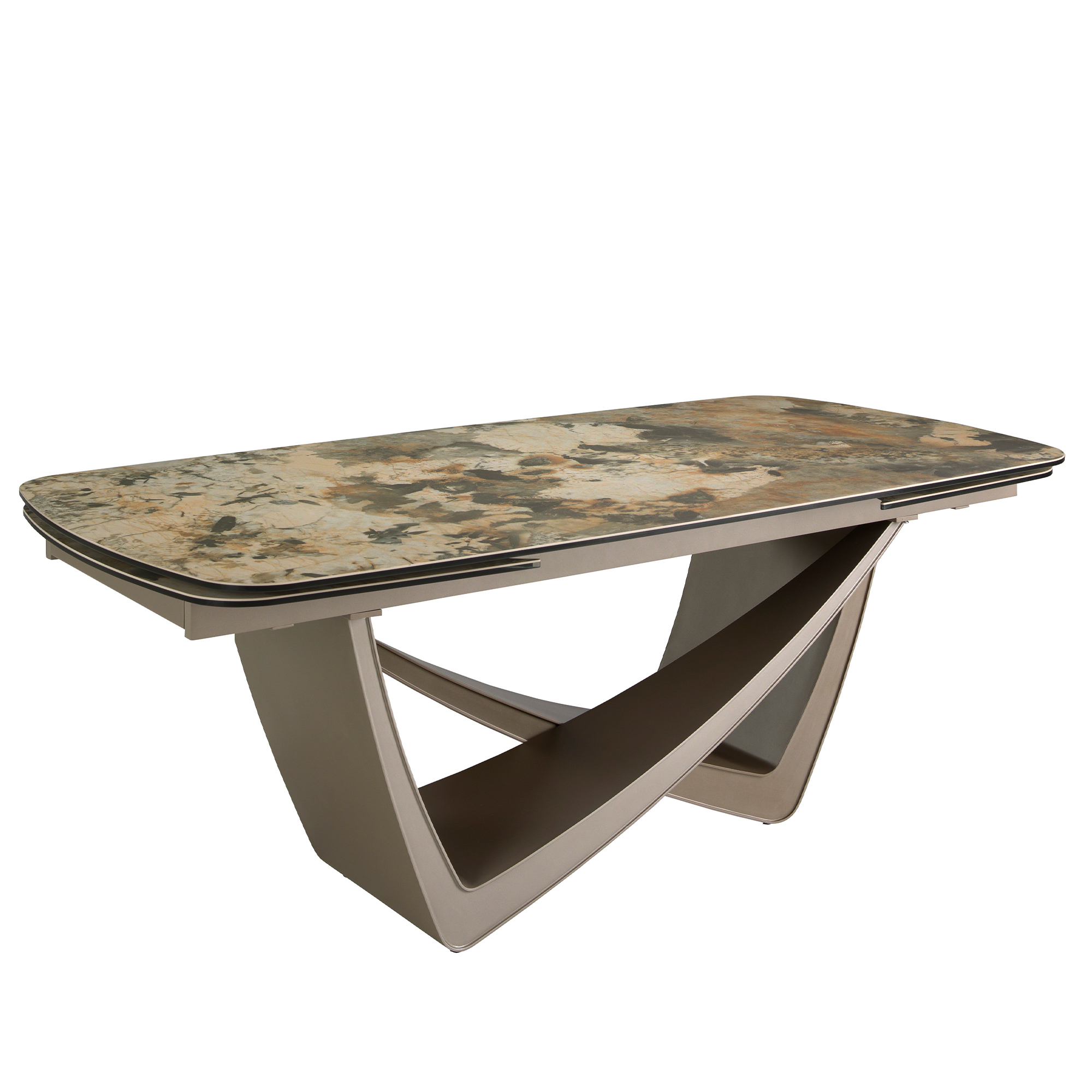 Oval extending dining table oval barrel porcelain marble and taupe metallic steel