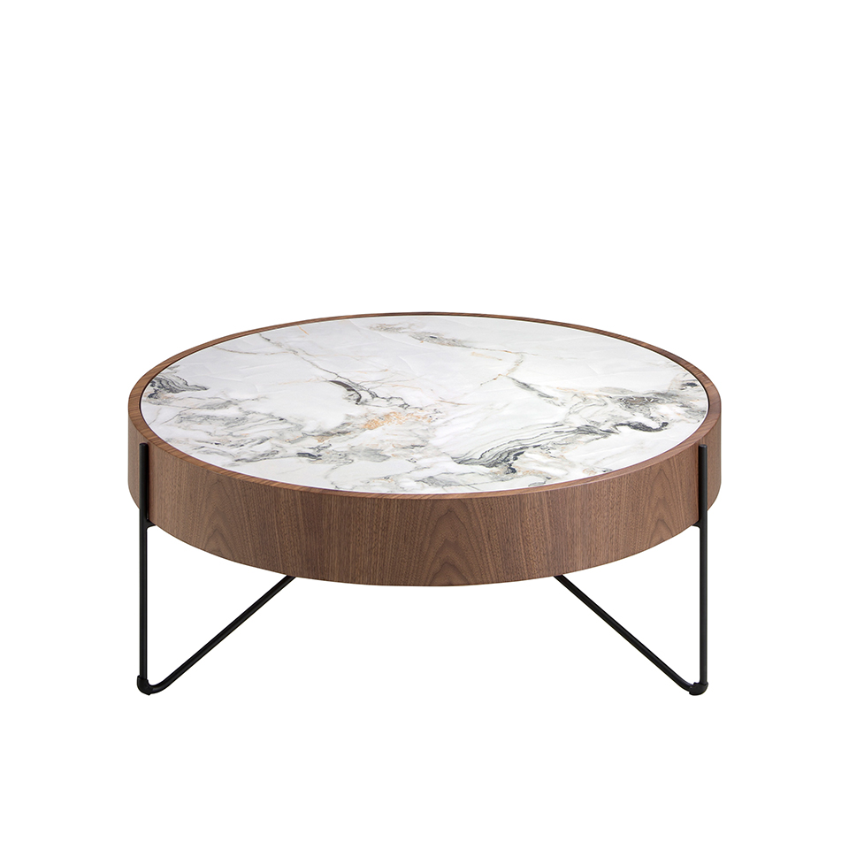 Round coffee table in porcelain marble, walnut and black steel