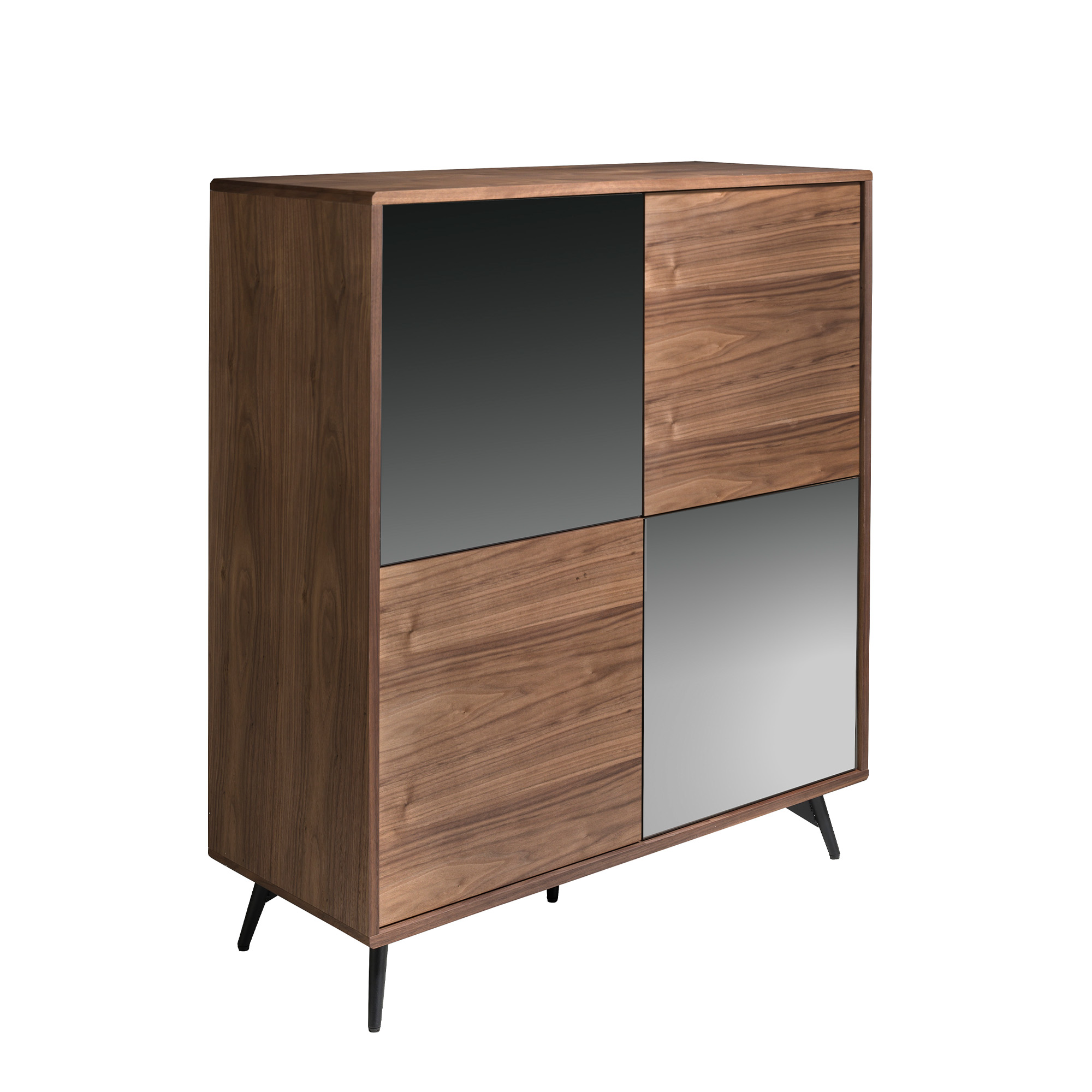 Walnut wood sideboard and black mirror glass doors