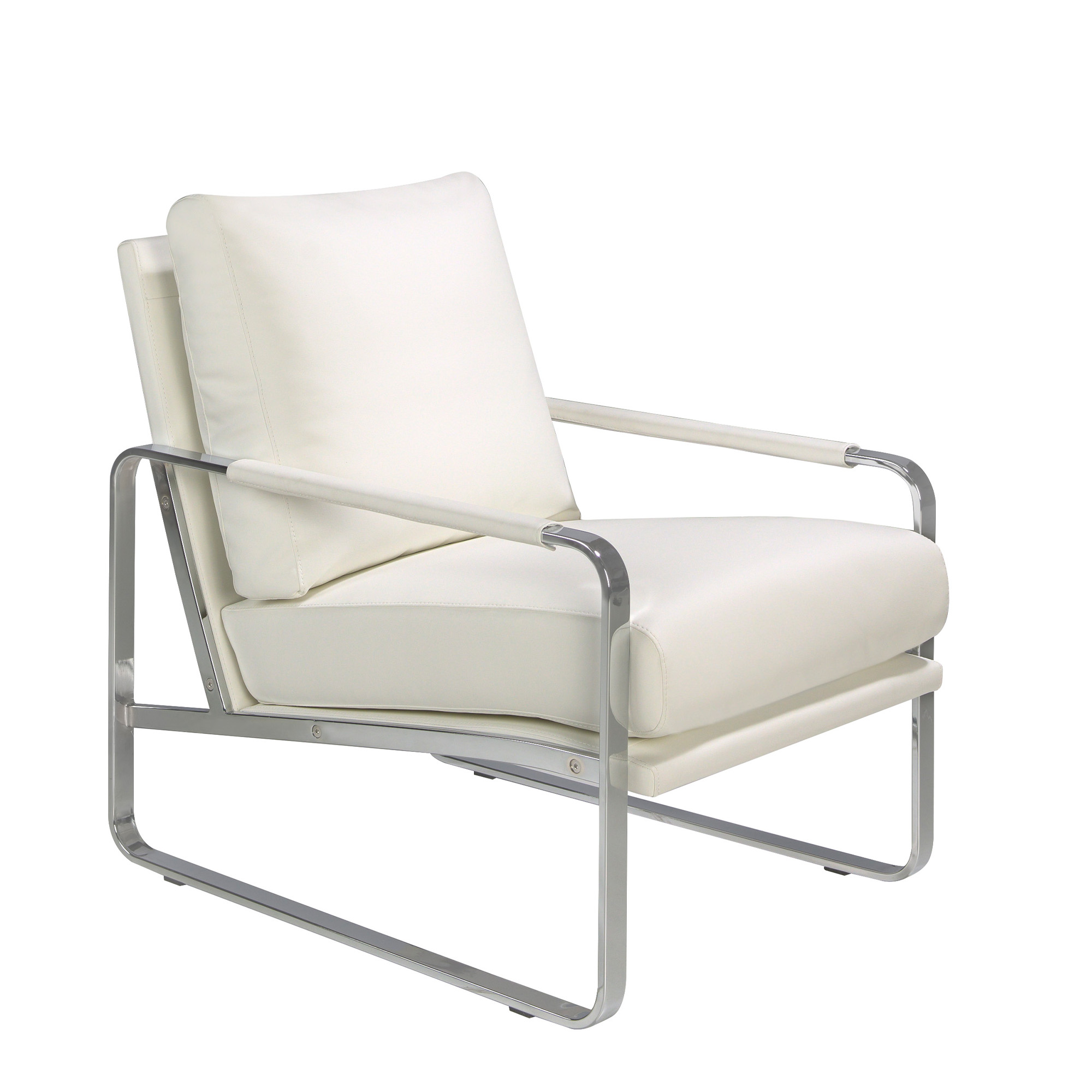 Sillón tapizado con estructura de acero inoxidable