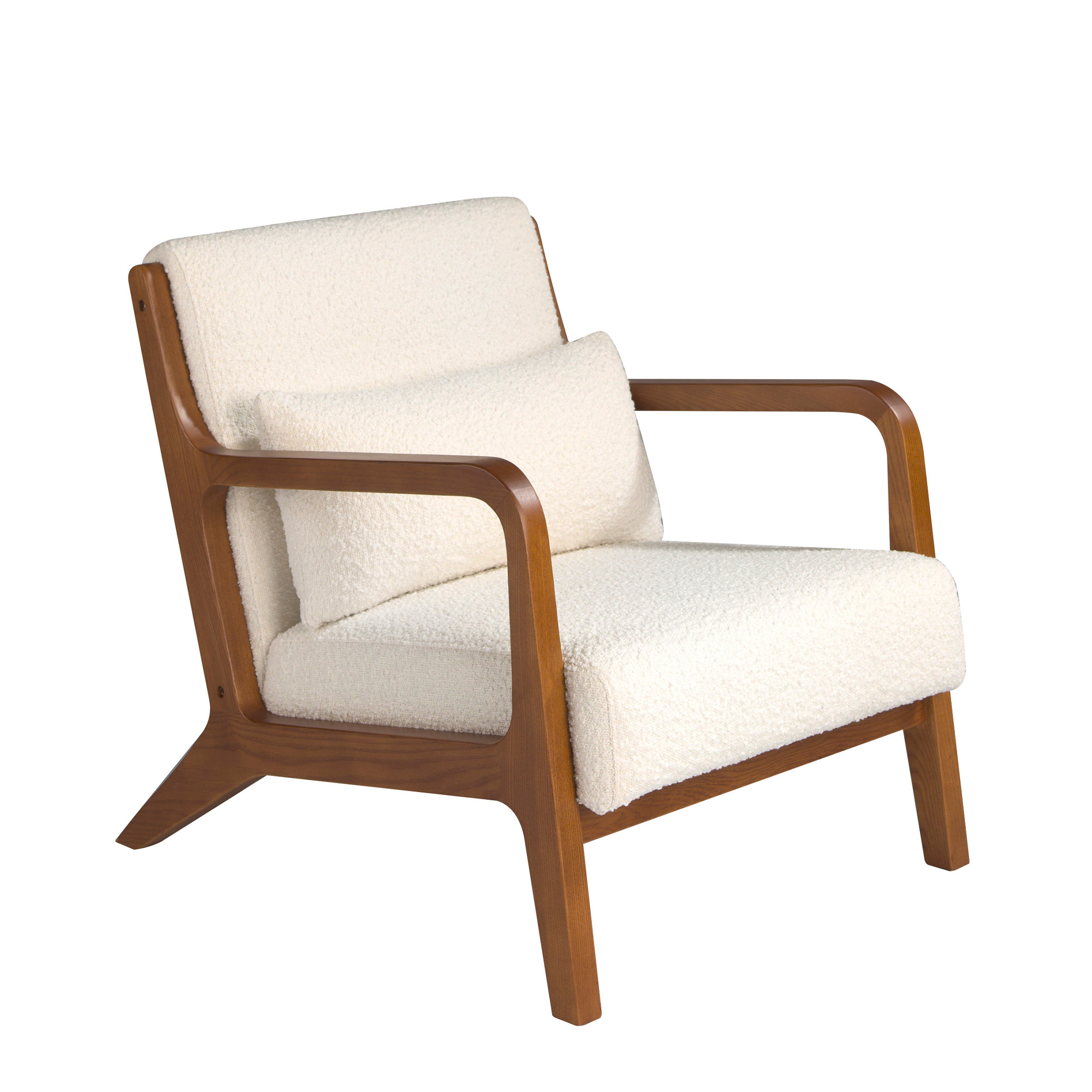 Armchair upholstered in fabric and walnut-coloured wooden structure.