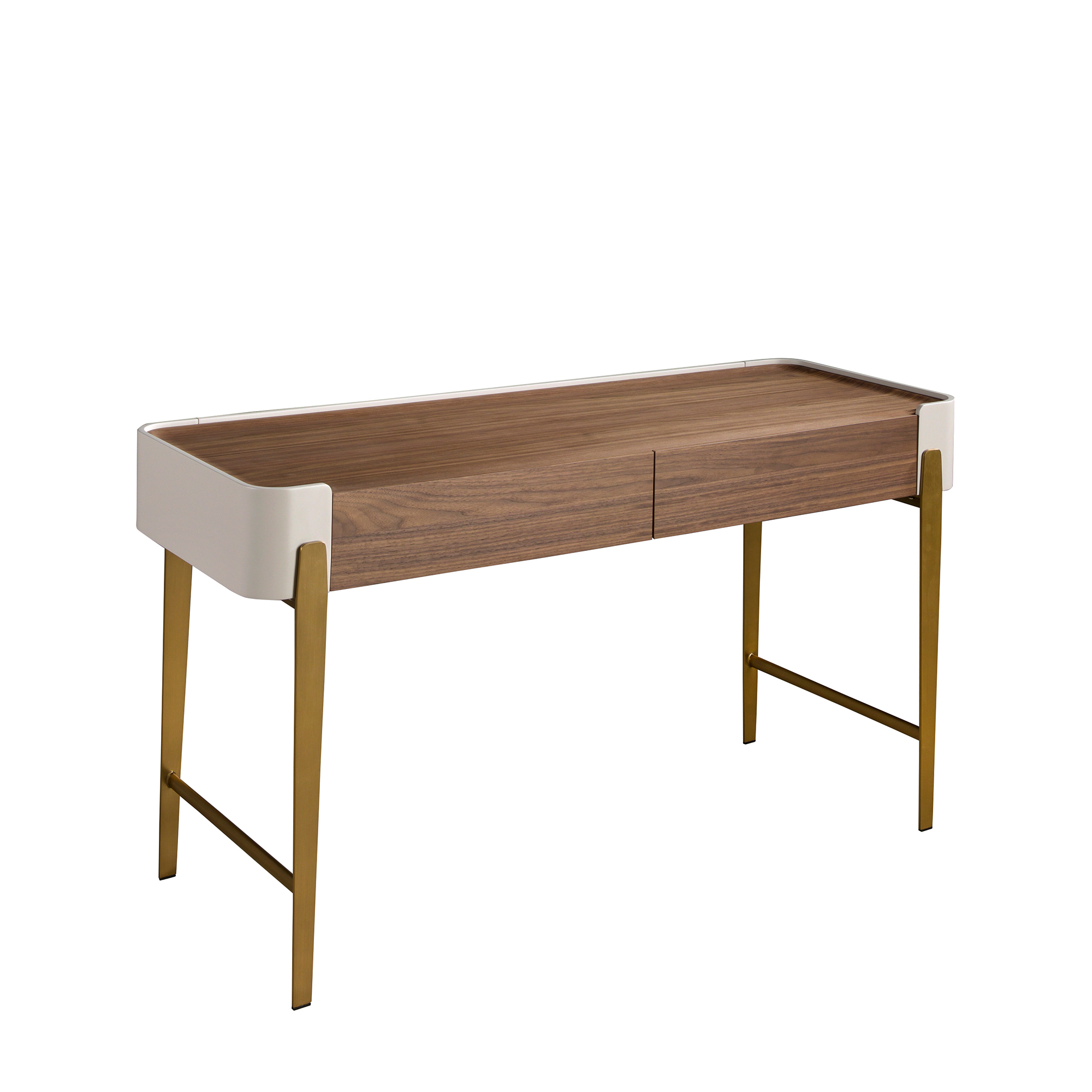 Desk in walnut, beige and golden polished steel