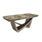 Oval extending dining table oval barrel porcelain marble and taupe metallic steel