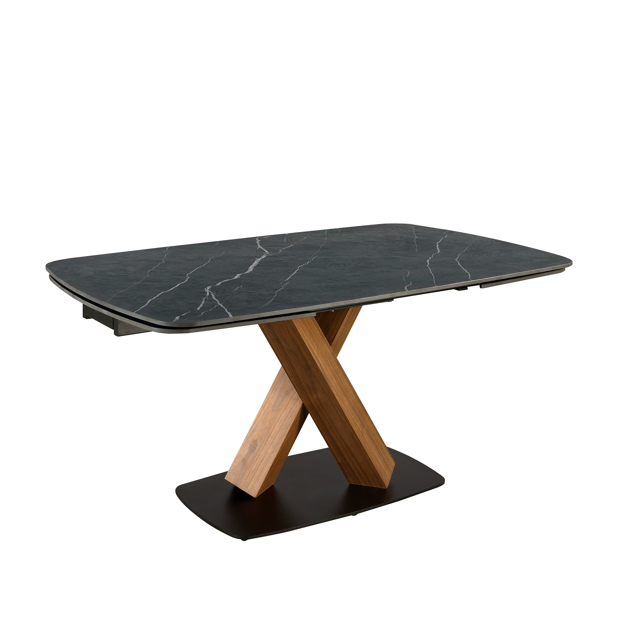 Oval extending dining table with porcelain marble and walnut barrel