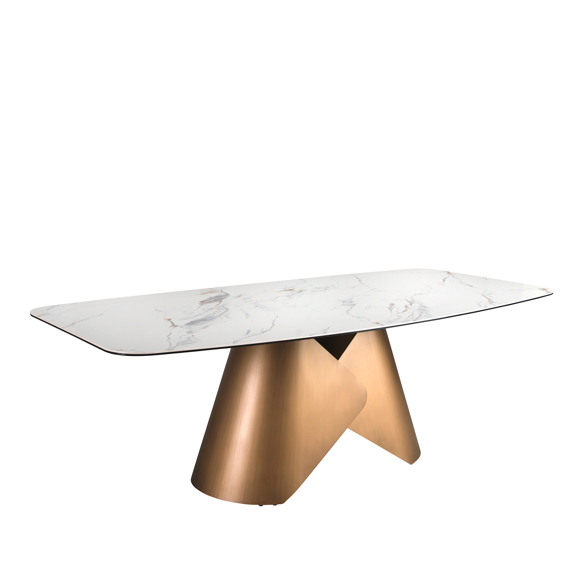 Oval dining table with porcelain marble barrel and bronze-coloured steel barrel