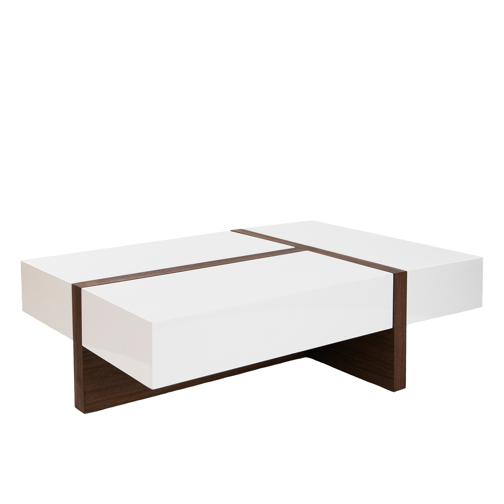 Table basse en bois blanc avec tiroirs et bois de noye