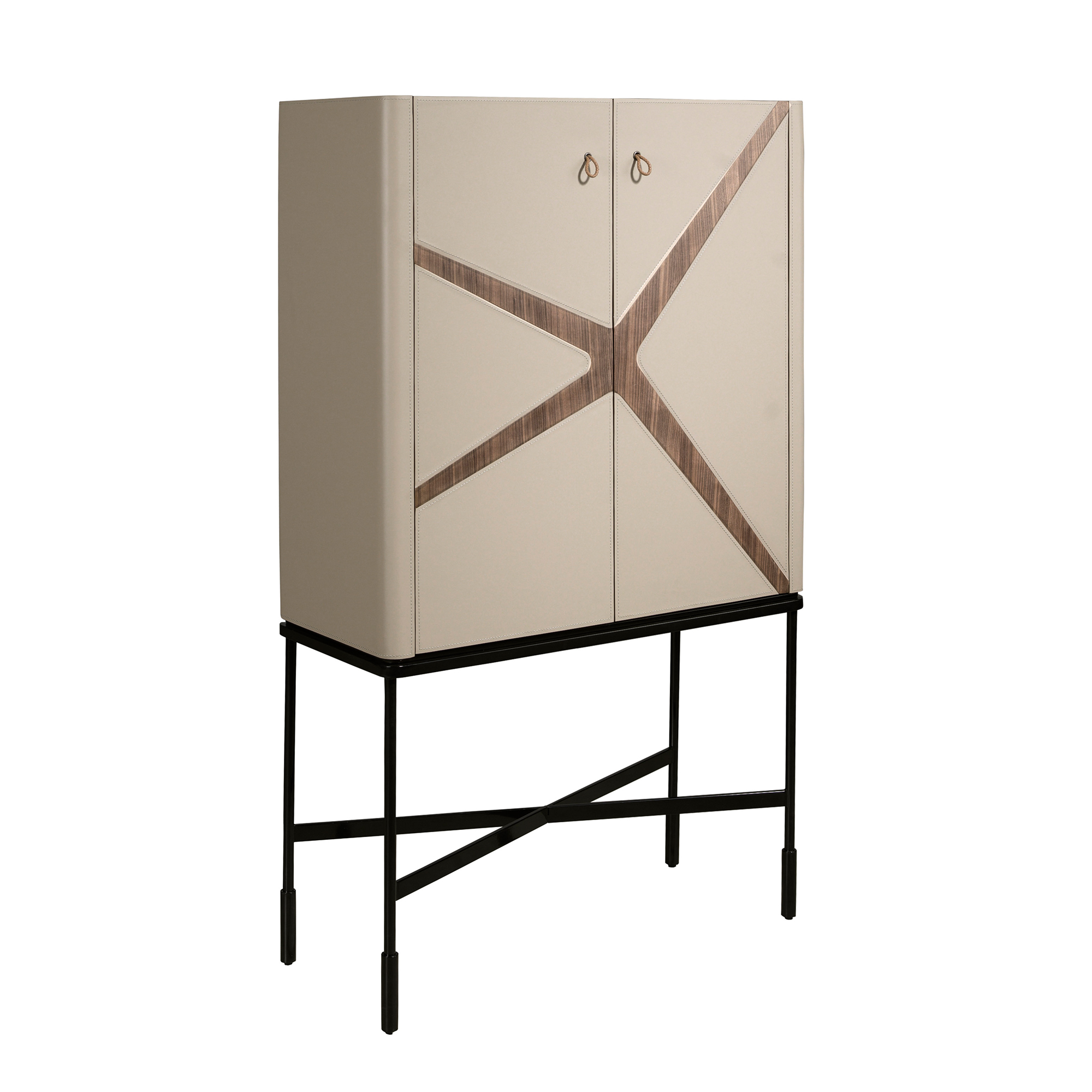 Credenza alta in pelle, noce e acciaio nero