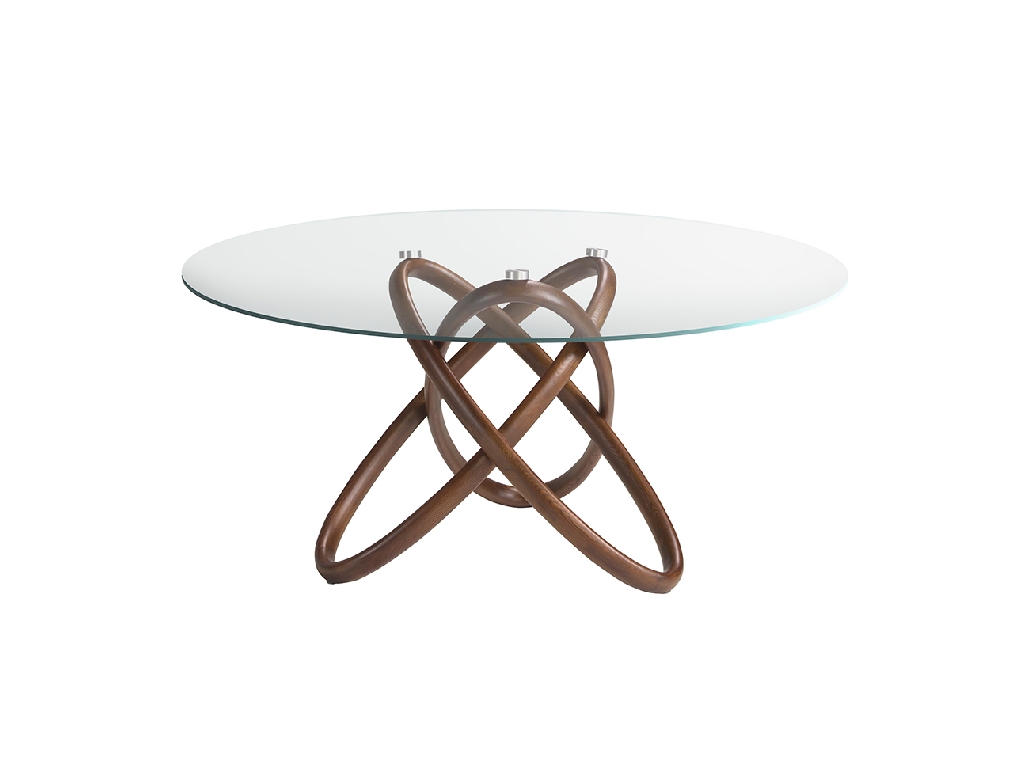 Dining table in tempered glass and solid wood in Walnut colour Dining table in tempered glass and solid wood in Walnut colour