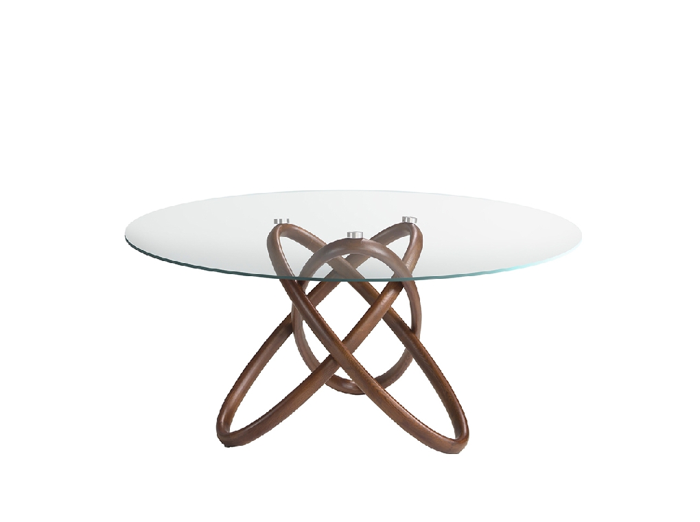 Dining table in tempered glass and solid wood in Walnut colour Dining table in tempered glass and solid wood in Walnut colour