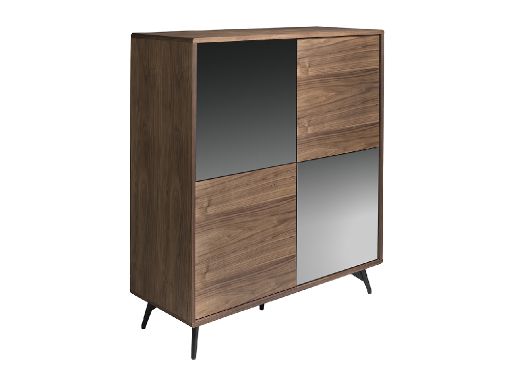 Walnut wood sideboard and black mirror glass doors
